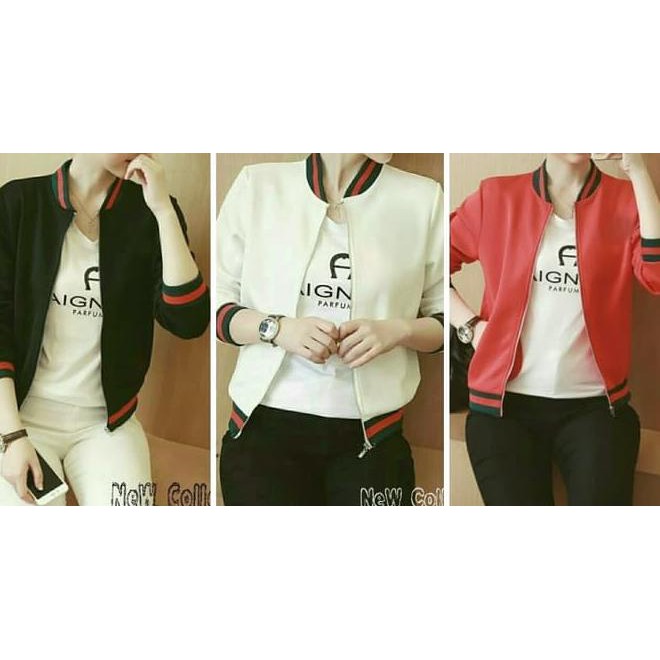 Ihc7 Jaket Wanita Gucci Bomber Outer Jacket Merah Putih Hitam Guci Natal L265