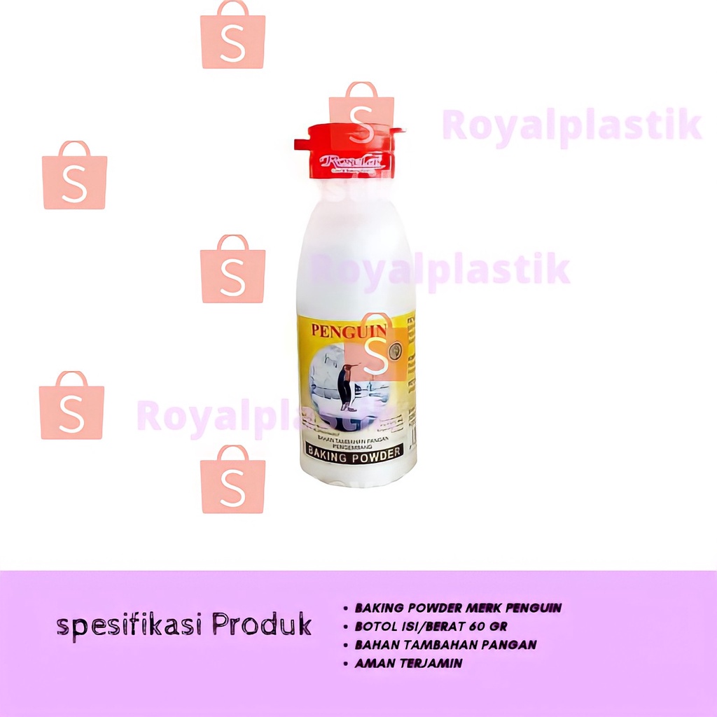 

Baking Powder Bubuk Penguin Bahan Tambahan Pangan Berat / Isi 60 gr Botol