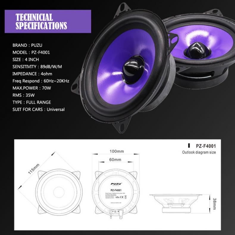 Puzu Speaker Mobil HiFi 4 Inch 70W 2 PCS - PZ-F4001 - Purple