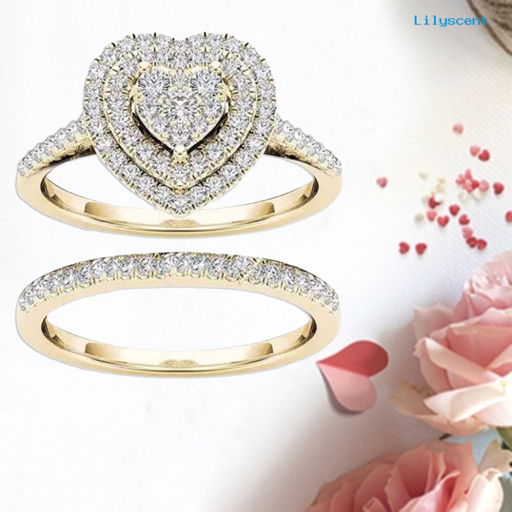 2pcs / Set Cincin Berlian Imitasi Bentuk Hati Bahan Alloy Untuk Pengantin Wanita