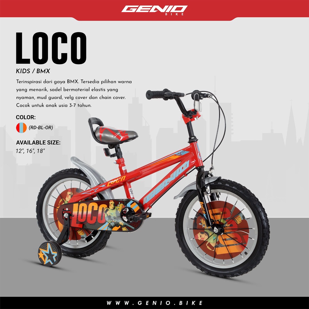 Sepeda Anak Cowok Roda 4 BMX Mini Genio Loco 12 16 18 inch SNI Garansi By dari pabrik resmi dan garansi free jasa service seumur hidup-Red Blue Orange