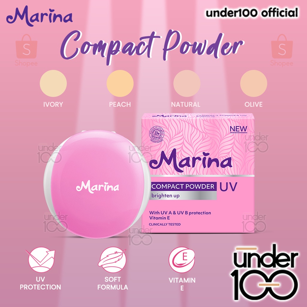 ❤ UNDER100 ❤ MARINA Compact Powder UV Protection Brighten Up | Vitamin E | Bedak Padat | Face Powder | BPOM