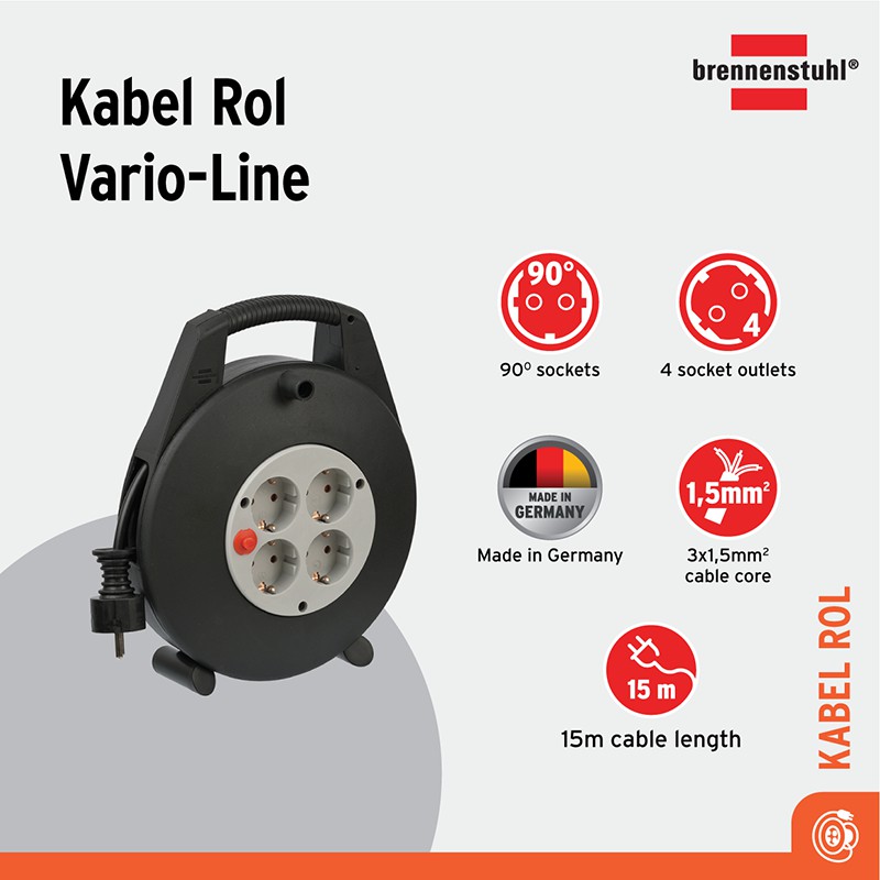 Brennenstuhl Vario-Line Kabel Rol 4 Soket dengan Thermal Protection 15 m Hitam/Abu-abu Muda
