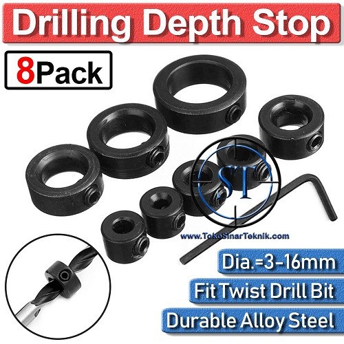 8 Pcs Drill Bit Depth Stop Collars Drill Ring Set Woodworking 3-16mm Stopper Positioner Besi 3mm 4mm 6mm 8mm 10mm 12mm 16mm Hex Wrench