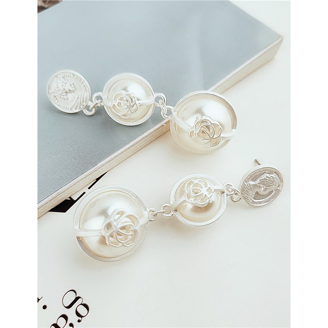 LRC Anting Tusuk Fashion Alloy Inlaid Pearl Stringed Ring Flower Earrings F40672