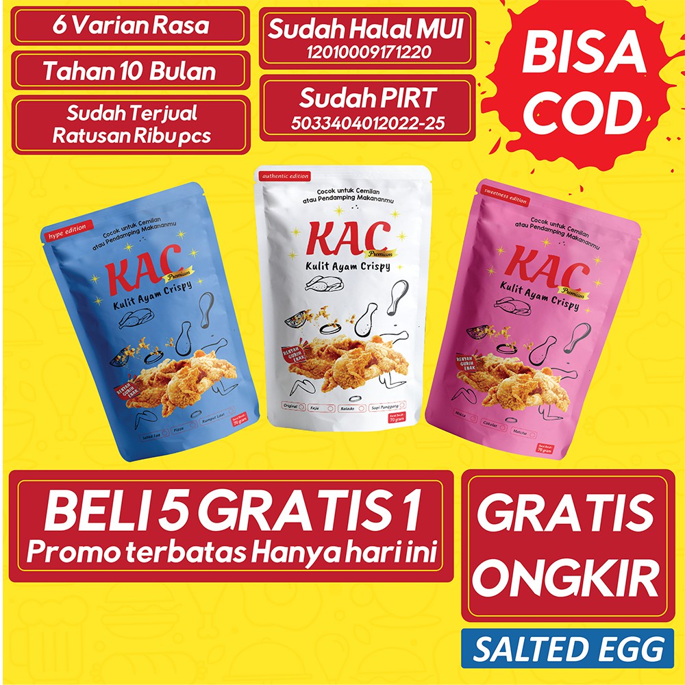 

Kulit Ayam Crispy KAC Bumbu Salted Egg Best Seller Kripik Snack Cemilan Kekinian Murah Enak Halal