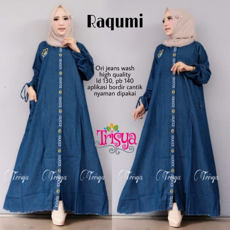 JUMBO GAMIS RAQUMI ORI JEANS WASH  APLIKASI BORDIR CANTIK BY TRISYA