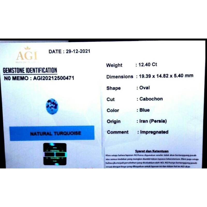 NATURAL PIRUS PERSIA TURQOISE MEMO AGI GEMS LAB