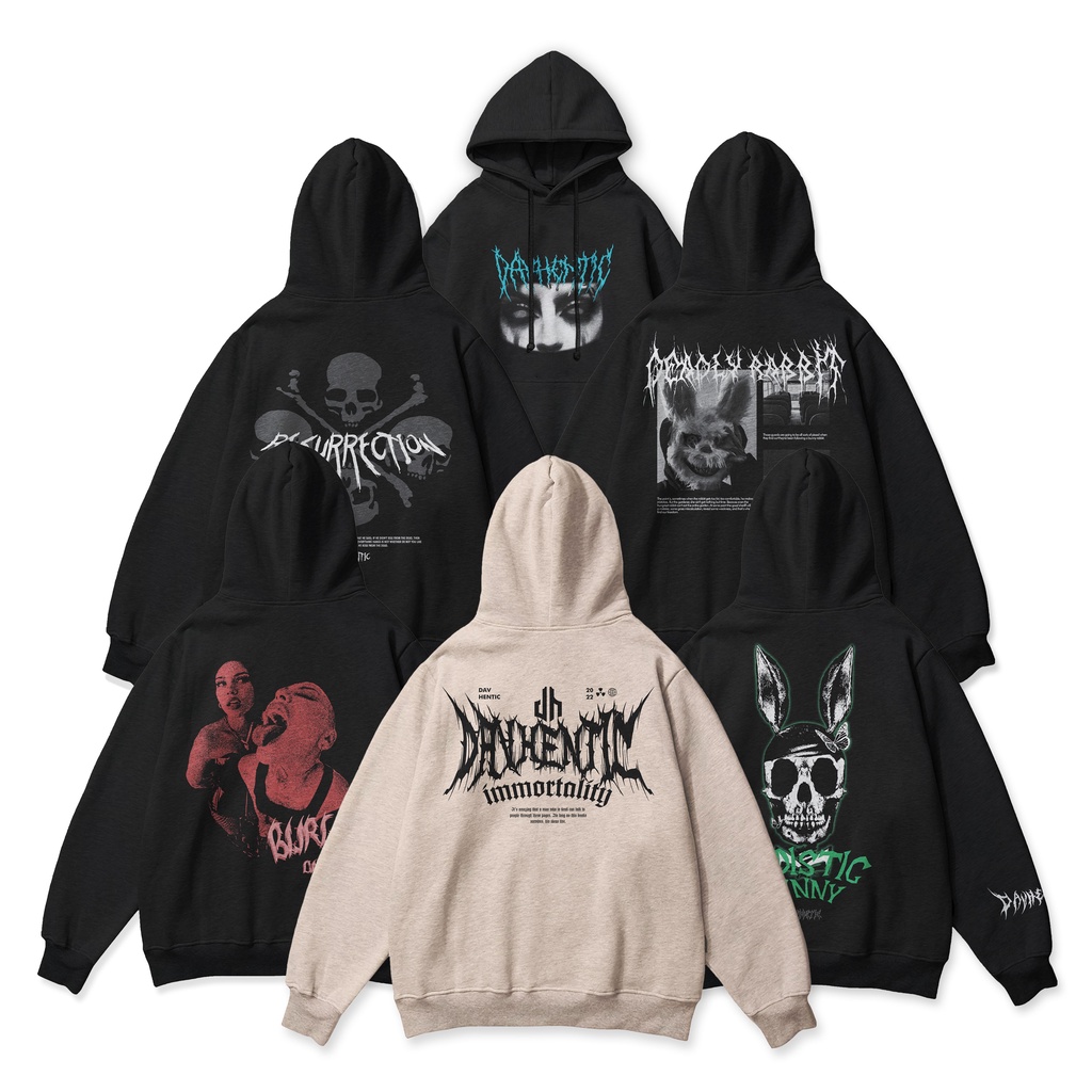 DAVHENTIC - SWEATER HOODIE JUMPER PRIA WANITA ORIGINAL HITAM CREAM MOTIF AESTHETIC ART METAL PREMIUM