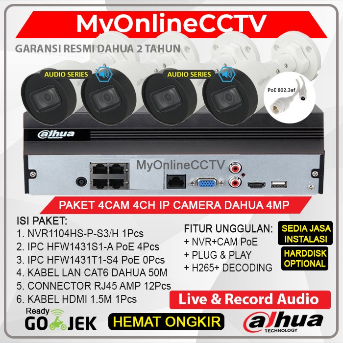 Paket CCTV 4 IP Camera 4MP Audio Dahua Lengkap NVR 4Ch Outdoor