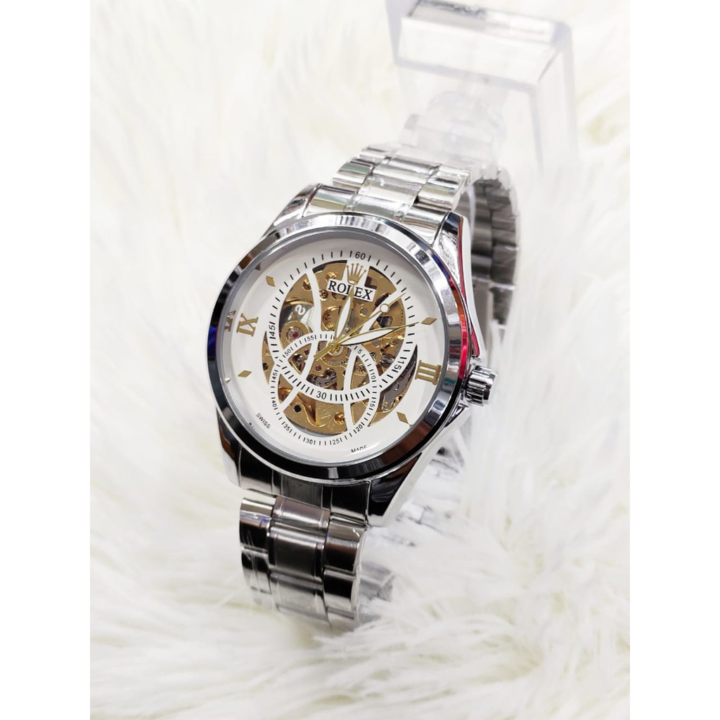 JAM TANGAN AUTOMATIC PRIA ROLEX SILVER DIAL PUTIH