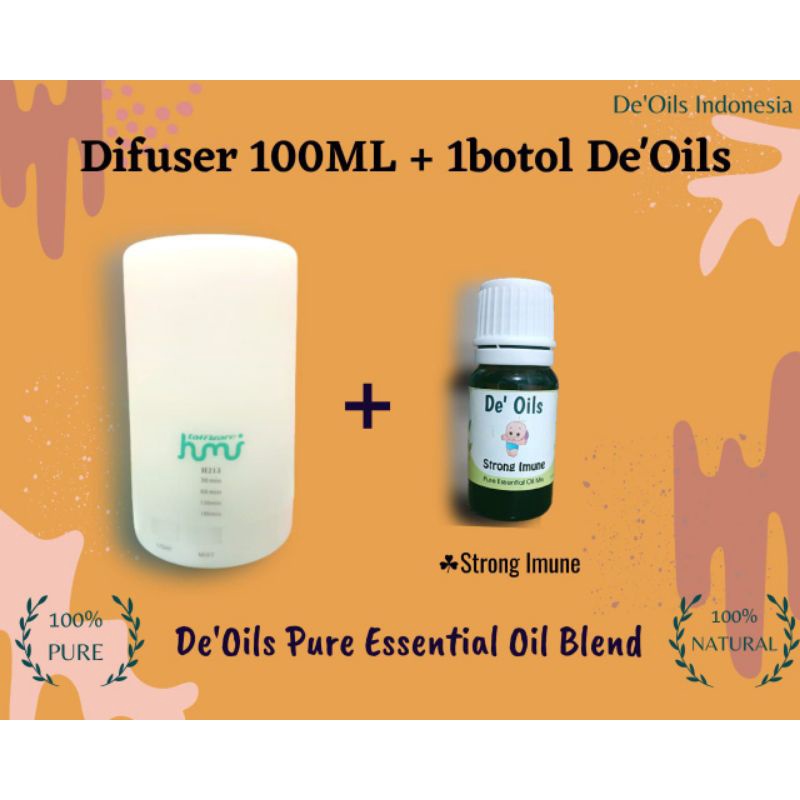 Difuser Humidifier 100ml + De'Oils Essential Oil Murni for baby Pure Essential Oil Imune Booster