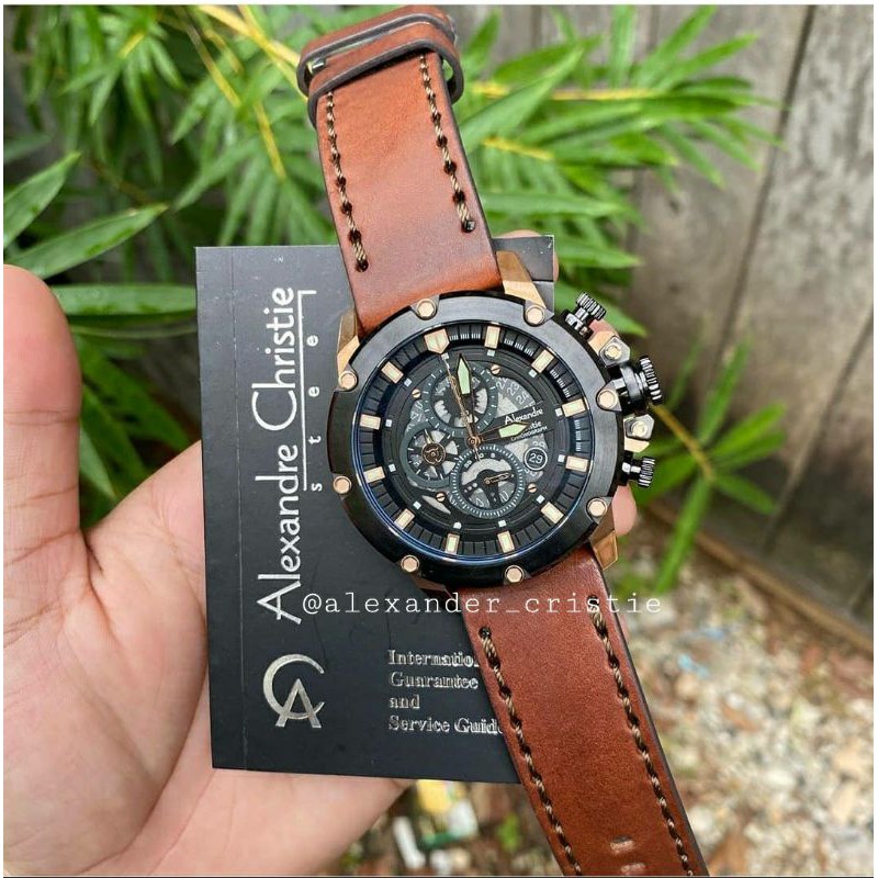 ORIGINAL GARANSI RESMI JAM TANGAN PRIA ALEXANDRE CHRISTIE ROSE GOLD BLACK BROWN KULIT STRAP COWOK AR