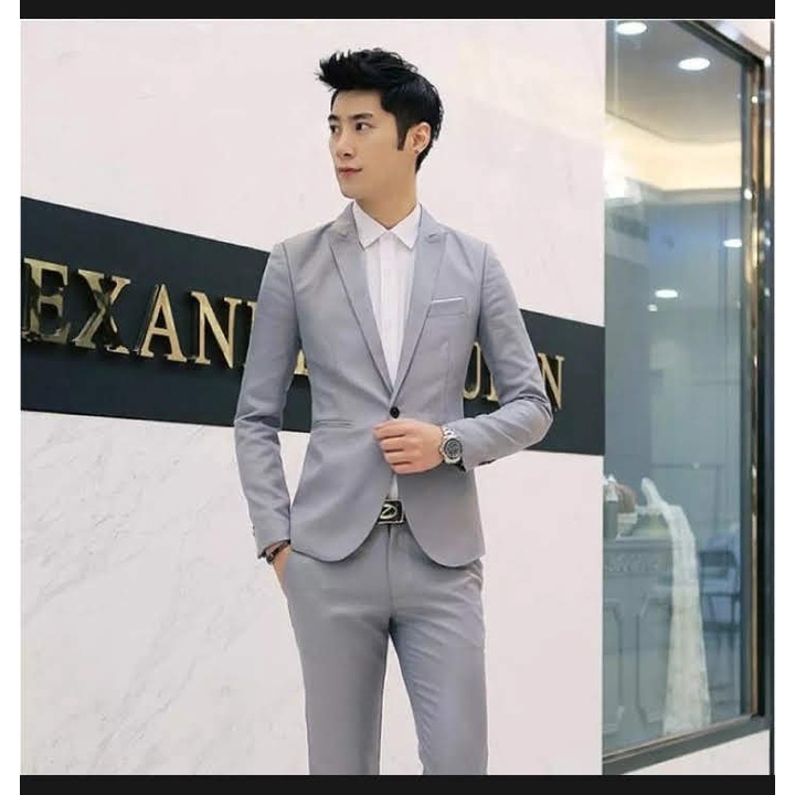 SETELAN BLAZER COWOK FORMAL KEREN 3IN1 - MILKY SOFT GREY ORIGINAL NIKAYU SLIMFIT HIGH TWIST