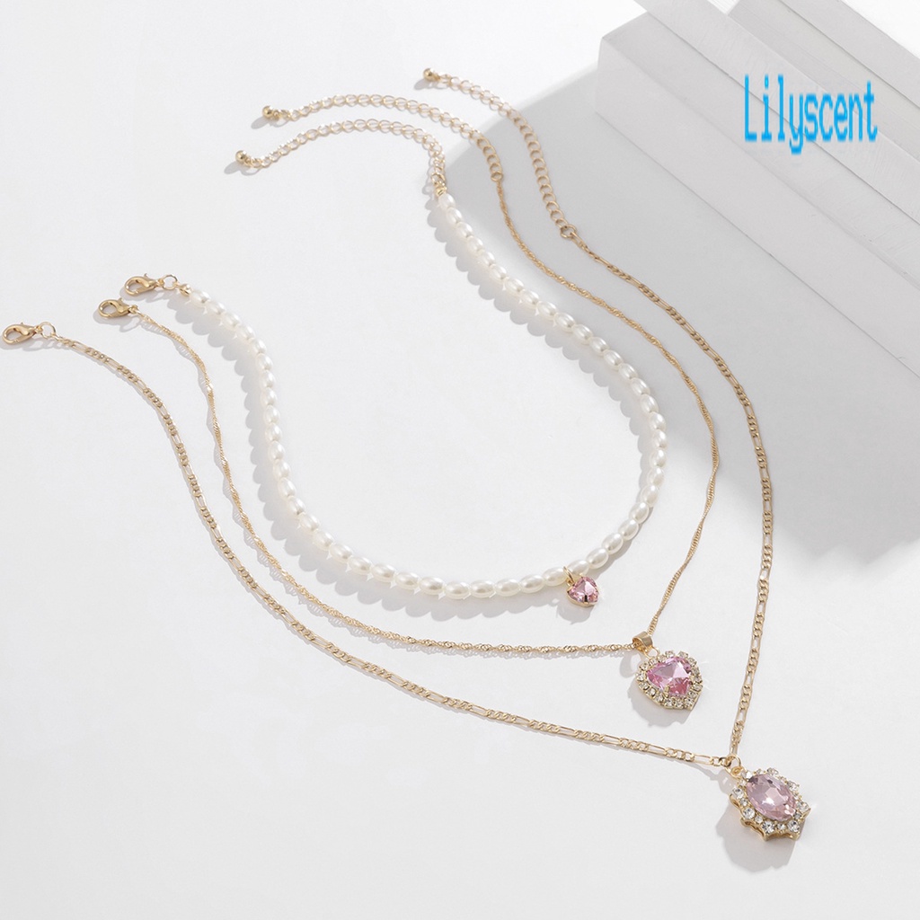 3pcs / Set Kalung Rantai Liontin Berlian Imitasi Adjustable Bahan Alloy