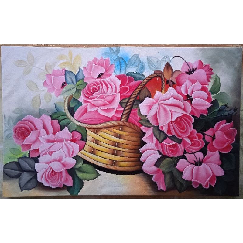 Lukisan Bunga Mawar Keranjang (ukuran 135x85 / 120x60 / 90x60)
