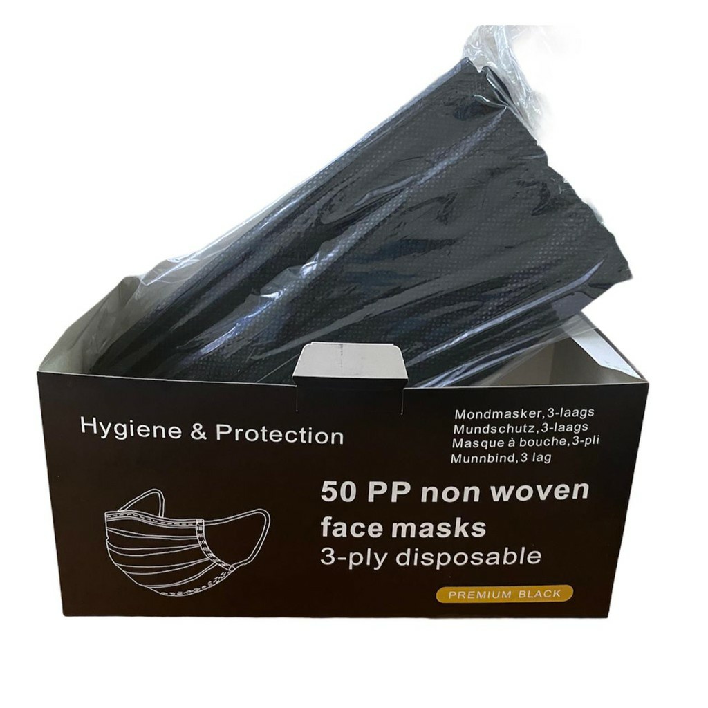 Masker Earloop 3 Ply Face Mask Hitam 1 Box Isi 50 Pcs