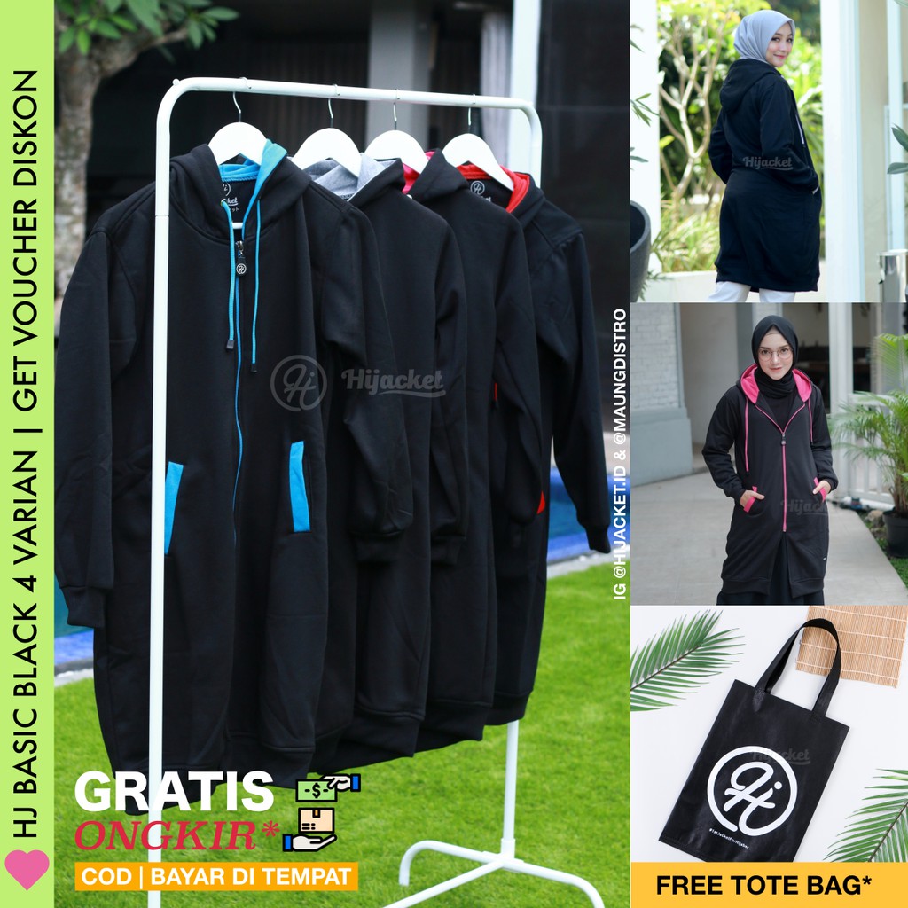 ❤︎ 1# Hijacket Jaket Hijab 4 Varian Black - Hijaket Basic Jaket Hoodie Wanita Muslimah Panjang Murah