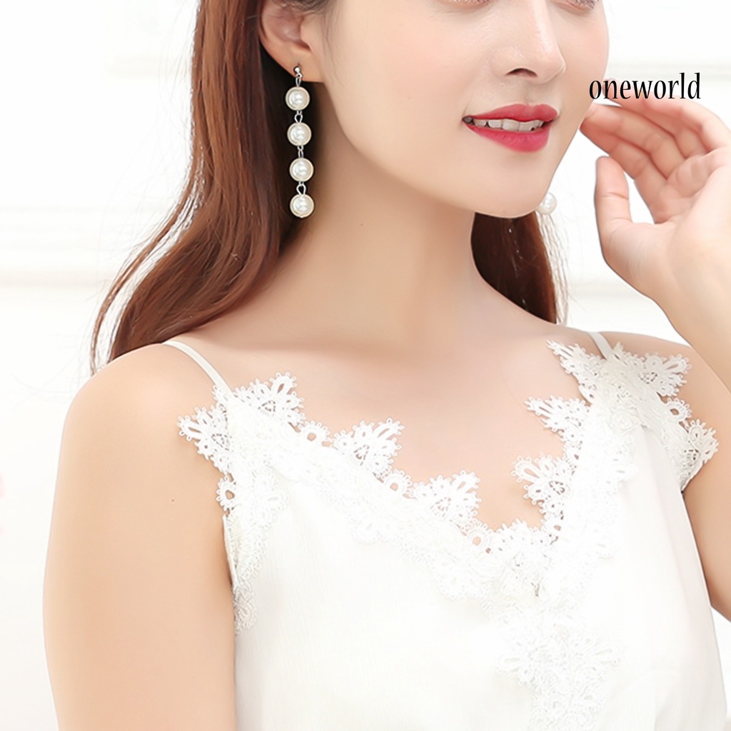 OW@ Earrings Faux Pearl Design Decorative Alloy Long Dangle Eardrop for Party