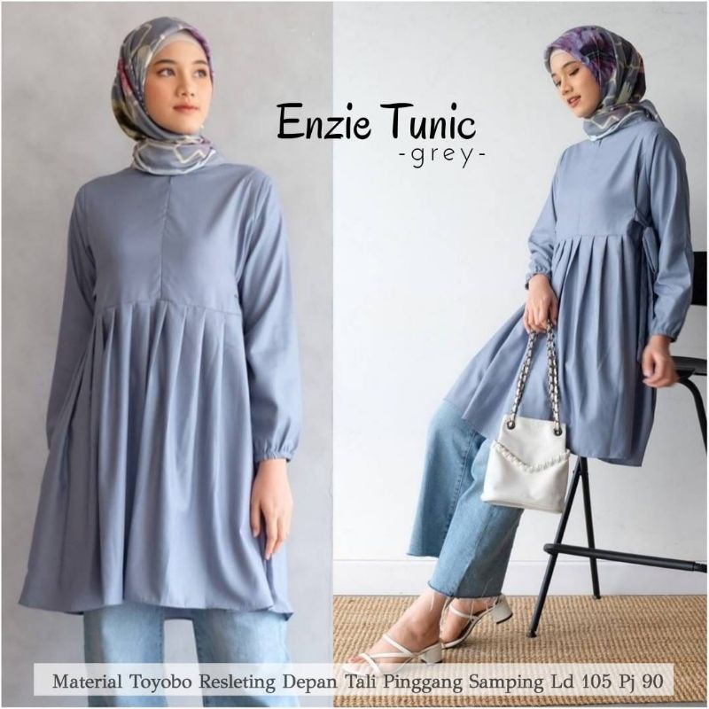 Pakaian wanita (enzie tunik) bahan tuyobo motif polos (fashion muslim) | Ld 105 Pj 90 cm