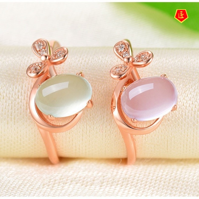 [Ready Stock]Pink Crystal Prehnite Ring Rose Gold Three Petals Flower