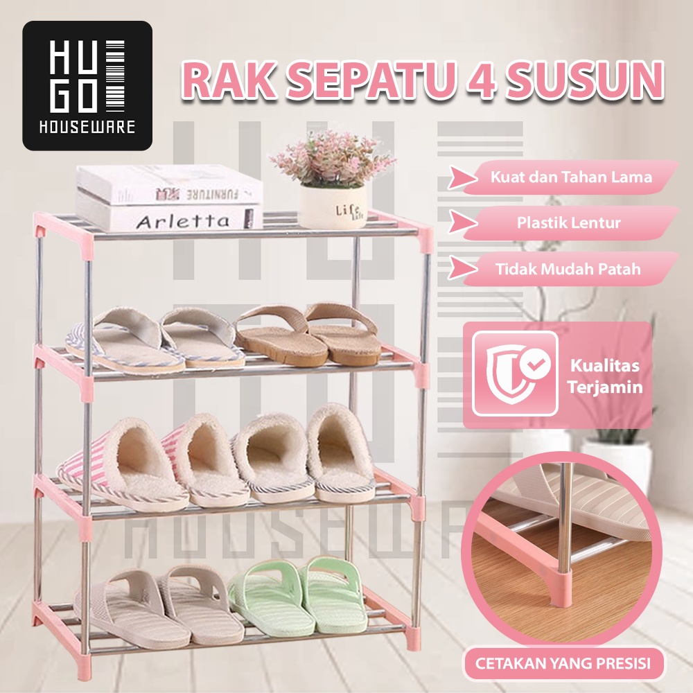 HUGO Rak Sepatu Minimalis 4 Susun Serbaguna Stainless Steel Tempat Sepatu Sandal