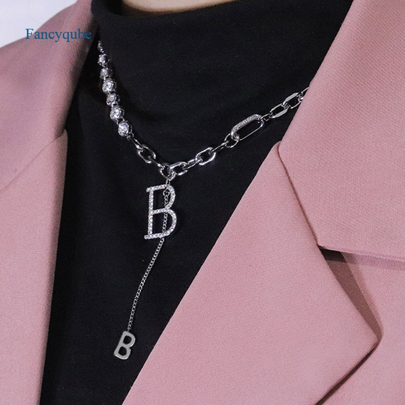 Fancyqube Kalung Rantai Klavikula Desain Huruf B Warna Silver Gaya Punk Untuk Aksesoris Sweater Wanita
