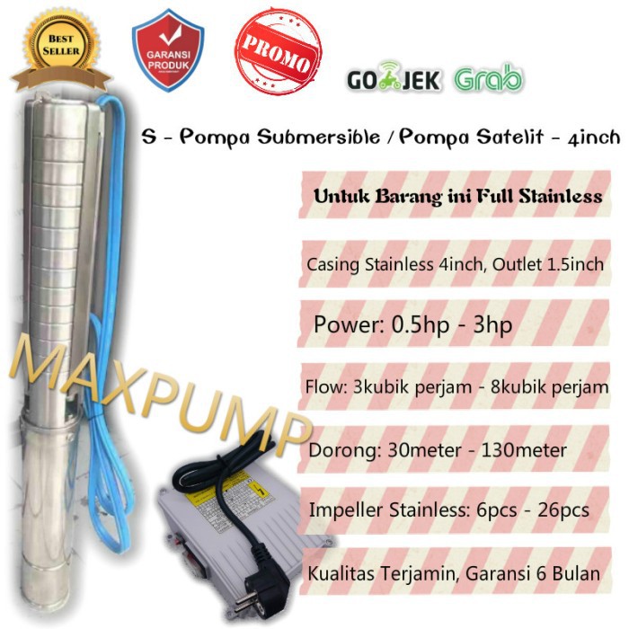 MAXPUMP 4SPM 3/32 Mesin Pompa Air Satelit Submersible 3HP Pompa Satelit 4inch Dorong 200m Full Stainless Stell