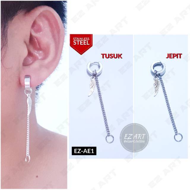 1Pc Model EZ-AE Silver Anting Pria dan Wanita Jepit Tusuk Variasi Bandul Sayap