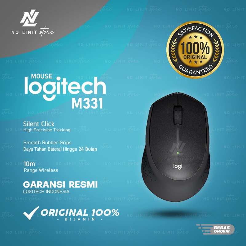 Mouse Logitech Usb Wireless M331 Silent Touch -Black klik Compact untuk Windows, Mac, ChromeOS Batre Include Plug And Play Original Garansi Resmi