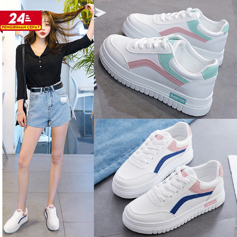 【CUCI GUDANG】Sepatu Sneakers Wanita Kasual Model Simpul Tali Aksen List Warna untuk Wanita size 35-40