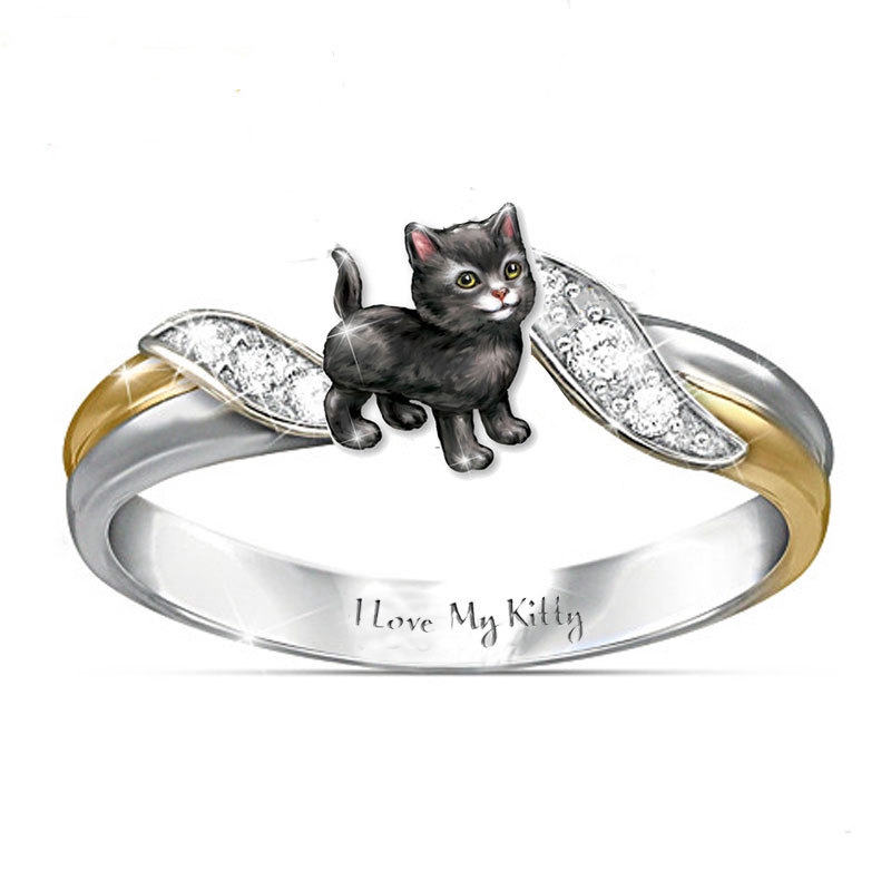 Cincin Zircon Electroplated Desain Kucing Tulisan I Love My Kitty Two-tone