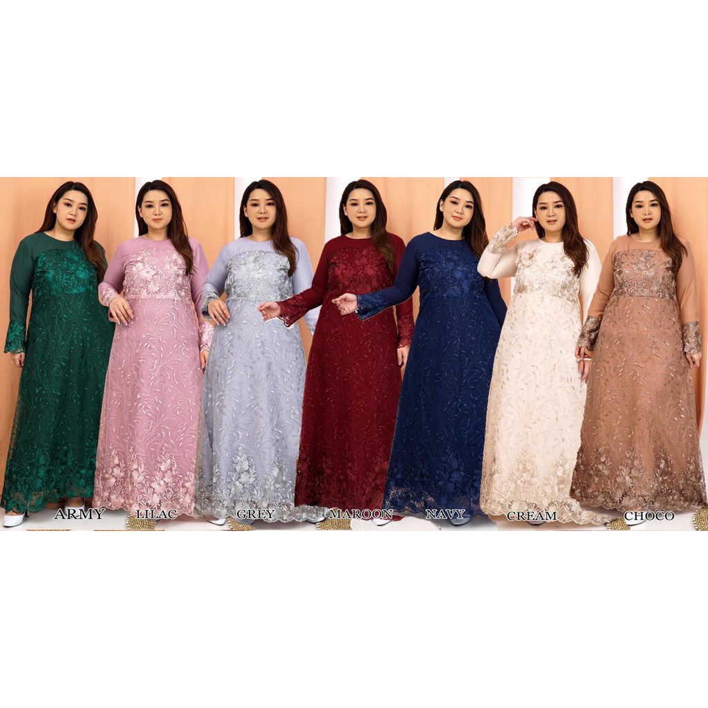 GAMIS MARWAH TILE 7 warna  BORDIR MUTIARA PREMIUM MEWAH MAXI DRESS LEBARAN MUSLIM TILLE LONG DRESS