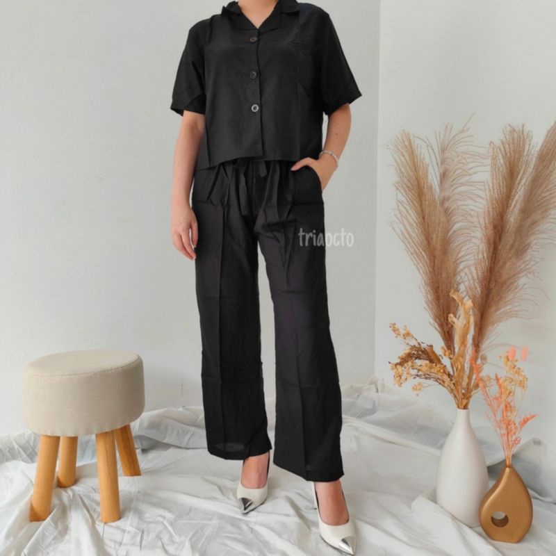 TRIAOCTO Eunice Set Rayon Polos - Kulot Highwaist & Kemeja Crop