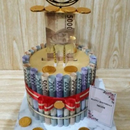 Bucket Money Cake Pecah Kecil Rp.Mix / Kue Uang Asli / Bouquet Bunga Bucket Uang / Hadiah Ulang Tahu