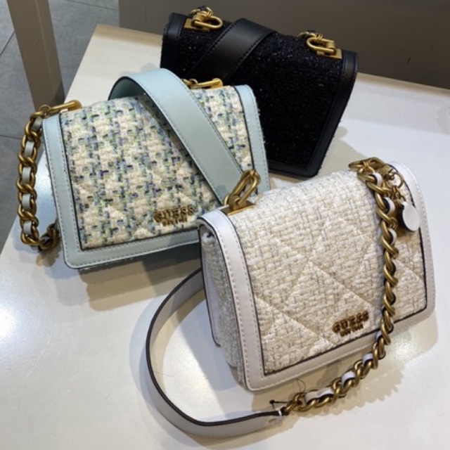 Jual GUESS CROSSBODY FLAP BAG ABEY TWEED Jastip Tas Guess Abey Tweed