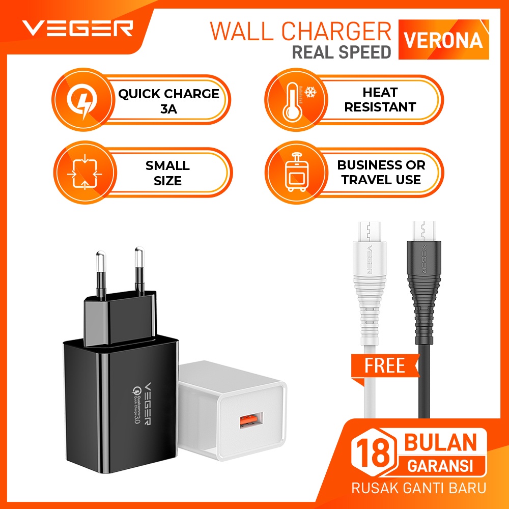 VEGER VERONA Wall Charger 1 Port USB Quick Charge QC 3.0 Fast Charging