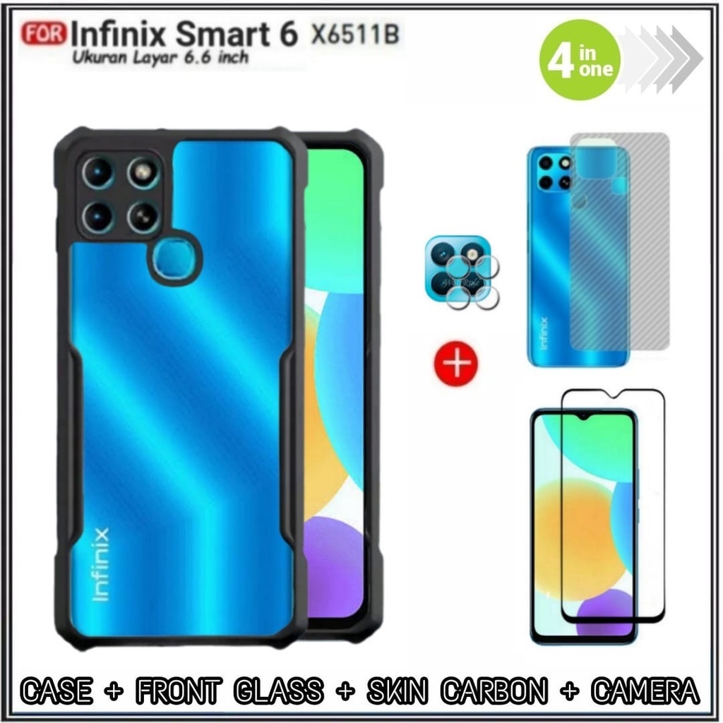 PAKET 4IN1 Case Infinix Smart 6 Hard Soft Fusion Armor Shockprooft TPU HD Trasnparan Acrylic Casing HP Cover + Tempered Glass + Camera + Garskin