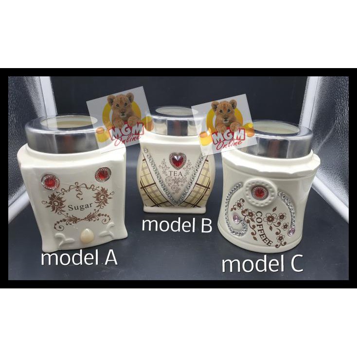 Tempat Kopi & Gula & Teh Keramik Mutiara Set 3Pcs W/ Rak Stainless