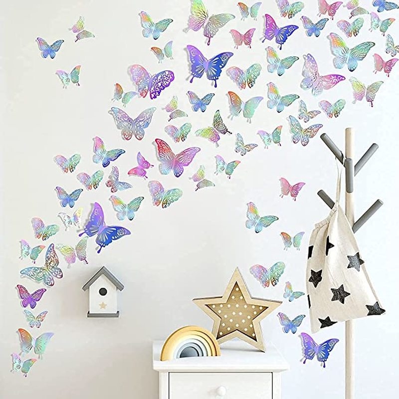 [12 Pcs/Set 3D Hollow Colorful Butterfly Self-adhesive Wall Stickers] [Home DIY Wallpaper Used for Living Room Bedroom TV Background Wall Decorations]