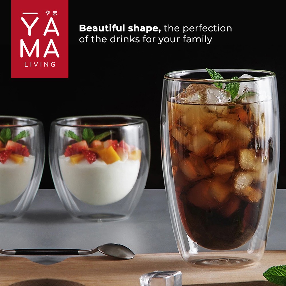 YAMA SIZHU Double Wall Glass Gelas Kaca Cafe Tinggi Anti Panas  Borosilicate 450 ml