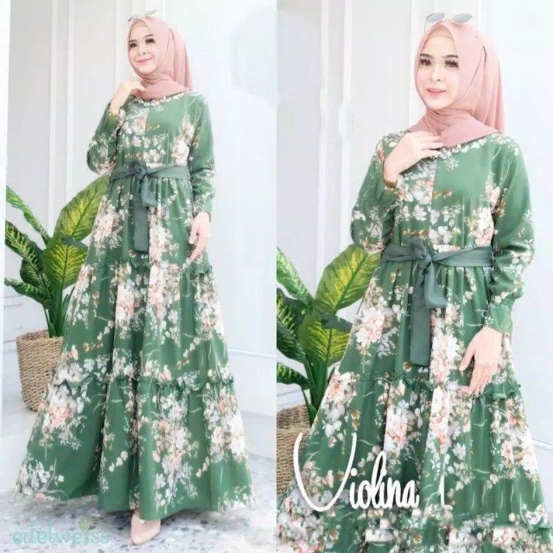 GAMIS MOTIF BUNGA DRESS WOLFIS TALI DEPAN LEBARAN