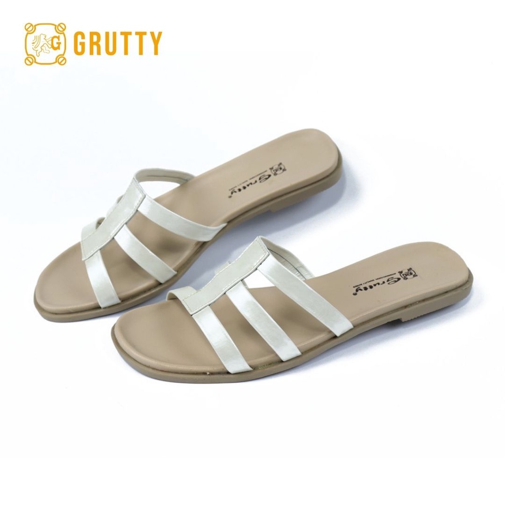 Grutty Flat Sandal Wanita Kulit asli slide sandal teplek Sandal Flat Merah Cream