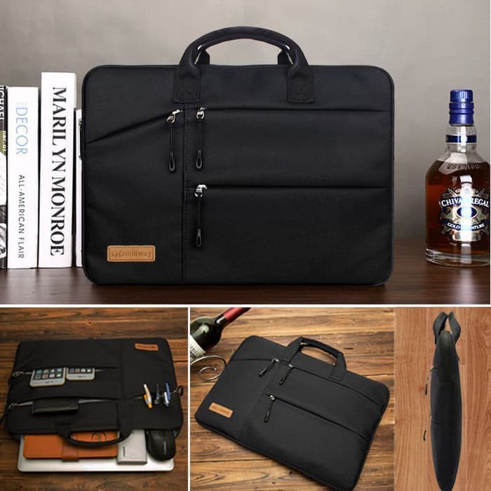 Tas Laptop /Macbook Midway Black Multi Pocket with Hand Strap 13 inch