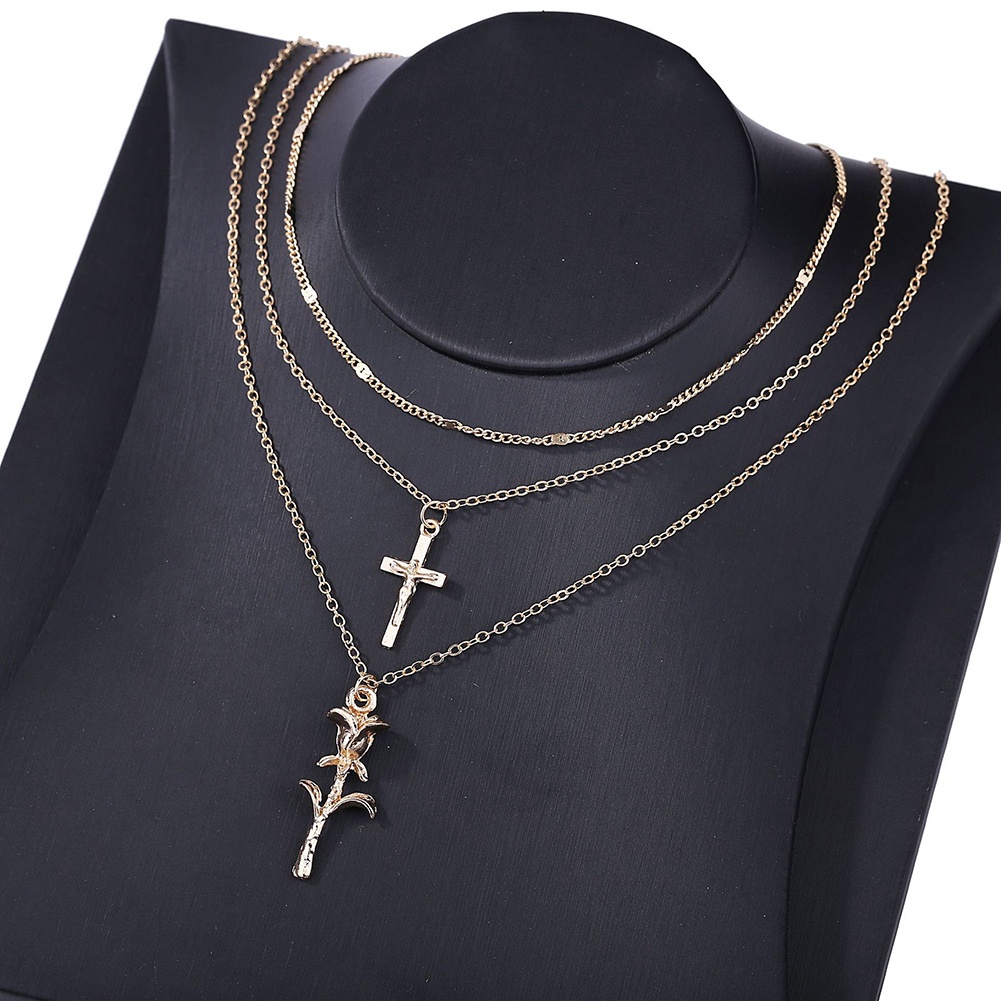 Hu Hu Hu Hu Hu Alat Bantu Pasang Kacamata♡ Kalung Rantai Multi Layer Liontin Salibbunga Mawar Warna Gold Gaya Boho Untuk Wanita