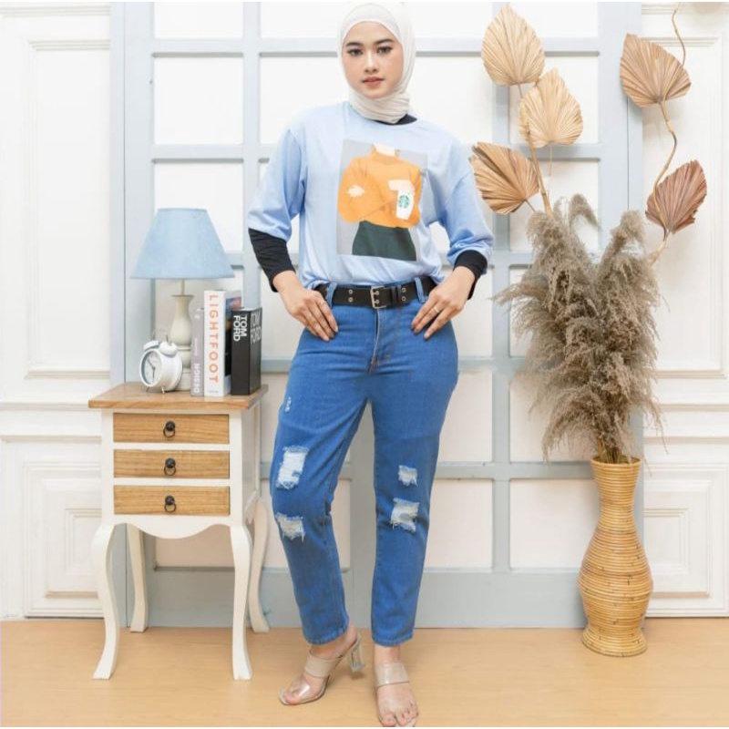 CELANA BOYFRIEND JEANS SOBEK LAPIS FURING // CELANA JEANS BOYFRIEND WANITA