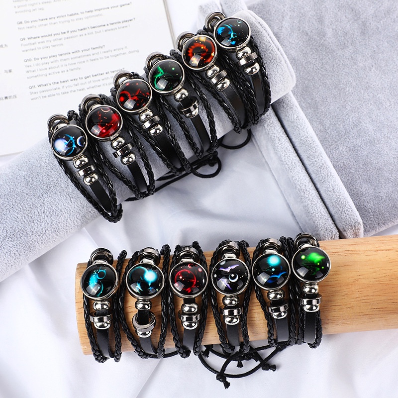 Gelang Bangle Bahan Kulit Desain 12 Zodiak Aksen Manik-Manik Glow In The Dark Untuk Pria