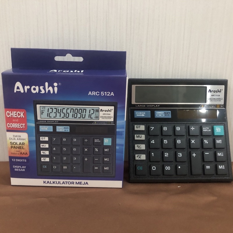 

Kalkulator ARASHI 12 Digit Seri ARC 512A ( Daya : Solar dan Baterai AAA)