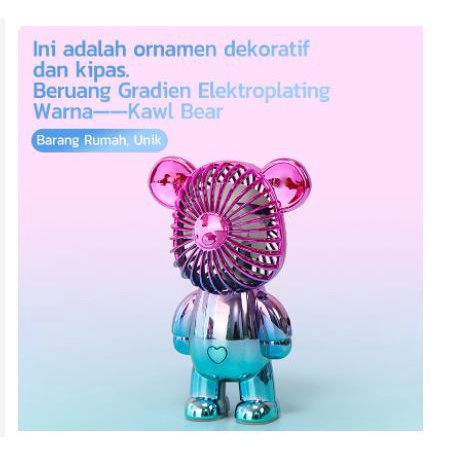 Kipas Angin Mini Portable Karakter Bearbrick VIRAL Meja USB Cas 3 Pengaturan Kecepatan Bentuk Beruang Alas Anti Selip Bagian Bawah Beruang gradiasi Unik lucu