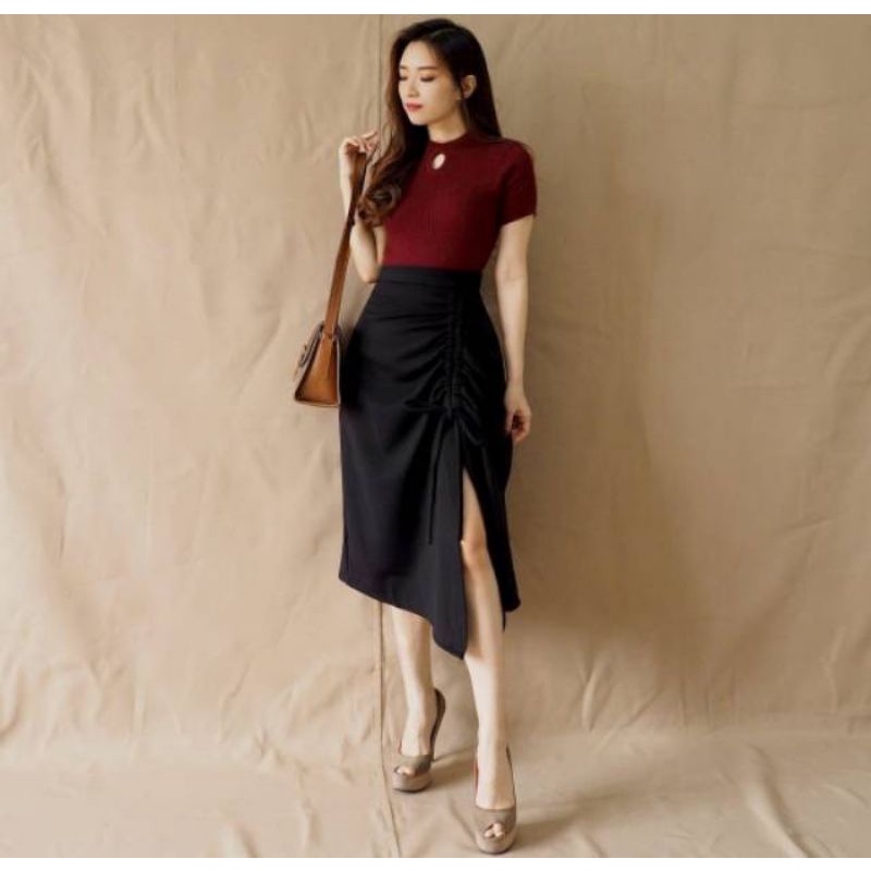 Midi Skirt Slit Tali Serut Flare Korean Style